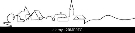 Village with church. Continuous one line art drawing style. Landscape of small country. Black linear sketch isolated on white background. Vector illus Stock Vector