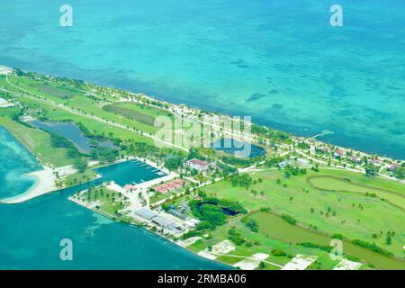 A view from the sky of Caye Chapel, a private island owned by the Four Seasons Hotel and Resorts in Belize, Central America/Caribbean. Stock Photo