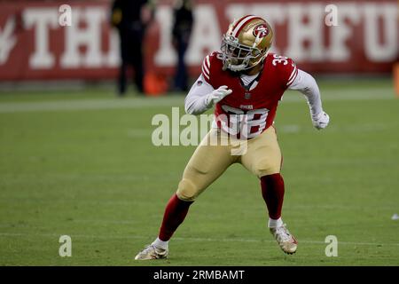 Denver Broncos running back Jaleel McLaughlin, left, runs against San  Francisco 49ers cornerback D'Shawn Jamison (22) and safety Myles Hartsfield  (38) during the second half of an NFL preseason football game in