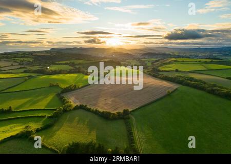 Shipton Gorge, Dorset, UK.  27th August 2023.  UK Weather.  Aerial view of the fields around Shipton Gorge in Dorset looking towards Bridport at sunset.  Picture Credit: Graham Hunt/Alamy Live News Stock Photo