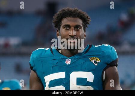 Jacksonville Jaguars linebacker Yasir Abdullah (56) looks to the sideline  during a NFL football game at EverBank Stadium, Saturday, August 26, 2023  in Jacksonville, Fla. (AP Photo/Alex Menendez Stock Photo - Alamy