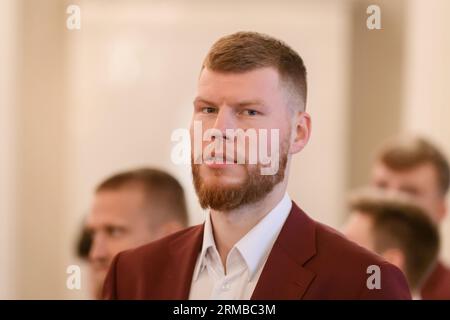 RIGA, Latvia. 14th Aug, 2023. Davis Bertans, during meeting with Edgars Rinkevics, President of Latvia. National Men's basketball team of Latvia before FIBA BASKETBALL WORLD CUP 2023. Credit: Gints Ivuskans/Alamy Live News Stock Photo