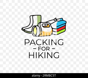 Packing for hiking, shoes, clothes and flashlight, colored graphic design. Travel, trekking, camping, journey, adventure, nature and sport, vector Stock Vector
