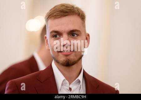 RIGA, Latvia. 14th Aug, 2023. Arturs Zagars, during meeting with Edgars Rinkevics, President of Latvia before National Men's basketball team of Latvia gors to FIBA BASKETBALL WORLD CUP 2023. Credit: Gints Ivuskans/Alamy Live News Stock Photo