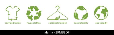 Slow, sustainable fashion. Recycled and reuse materials. Eco friendly fabric icons. Recycling green symbol. Vector illustration set isolated on white. Stock Vector