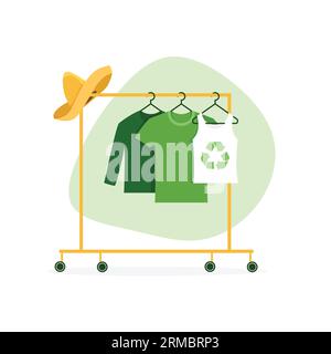 Recycle and reuse textile. Sustainable, slow and eco friendly fashion. Wardrobe and clothes store. Vector illustration in a trendy flat style. Stock Vector