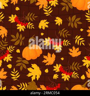 Autumn seamless pattern. Bunches red rowan with colorful fall leaves with pumpkin on brown checkered background. Vector autumnal illustration for desi Stock Vector