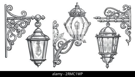 Wall wrought iron street lamp in engraving style. Lantern sketch vintage vector illustration Stock Vector