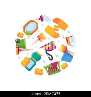 Laundry service. brushes detergents rags vacuum cleaner in circle shape decorative vector background Stock Vector
