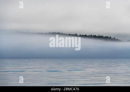 Whale Watching landscape in the morning mist, Telegraph Cove, Vancouver Island, BC, Canada. Stock Photo