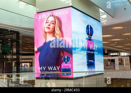 Giorgio Armani My Way Parfum advert billboard digital poster in Bahrain airport Stock Photo