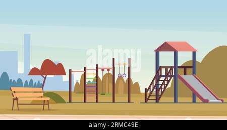 Kids playground. Cartoon background with outdoor place for kids attractions. Vector landscape Stock Vector