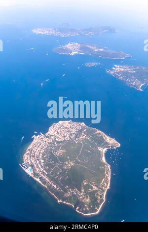 Marmara Sea islands, boats, Turkey area out of airplane window, aerial view from an airplane window seat Stock Photo