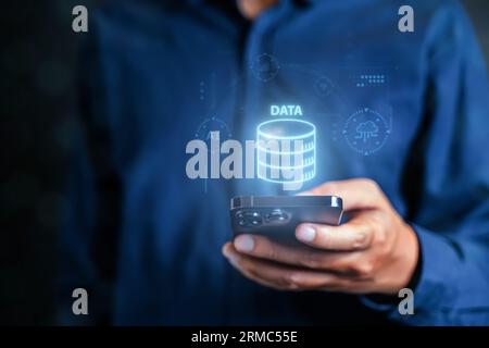 Data visualization, data analyst and storage virtual hologram icon on screen background. Stock Photo
