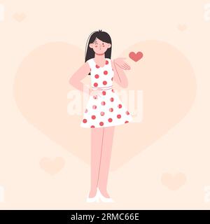 Retro style flat cartoon female character, young woman send air kiss and love. Girl in dress polka dot, cute happy vector positive student Stock Vector