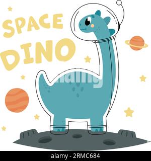 Dinosaur explorer space in astronaut costume. Boy fabric print with dino, funny cute space adventures graphic art, classy cartoon vector scene Stock Vector