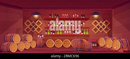 Wine cellar background with wooden barrels and bottles on shelves. Winegard products, alcohol drinks shop. Cartoon vault nowaday vector background Stock Vector