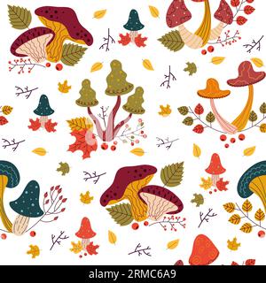 Seamless pattern with different mushrooms. Autumn season background. woodland fungus and leaves. Botanical texture. Decor textile, wrapping paper Stock Vector