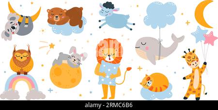 Cartoon cute sleeping animals. Forest animal sleep on moon and clouds. Funny wild characters dreaming, whale, bear and lion classy vector set Stock Vector