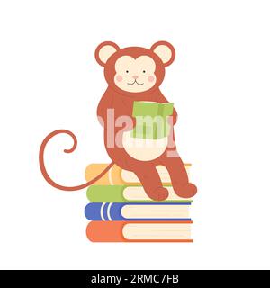 Monkey sitting on books stack and reading. Tropical animal reading story book cartoon vector illustration Stock Vector