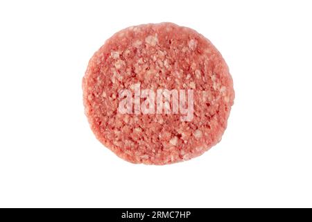 Raw ground beef meat patty or burger isolated top view on white. Hamburger ingredient. Stock Photo