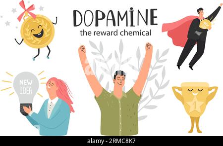 Reward chemical, Dopamine hormone health colorful vector illustration of dopamine hormone, molecule medical Stock Vector