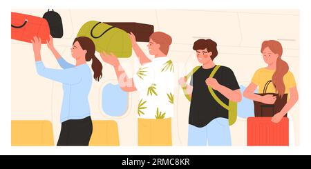 Airplane passengers putting hand luggage compartment. People storing carry on bags vector cartoon illustration Stock Vector