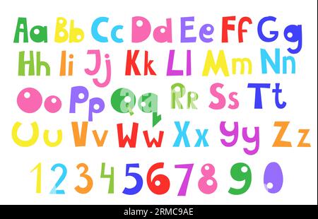 Doodle playful abc cartoon funny style colorful numbers, small and capital letters of English alphabet, multicolored concept, cute trendy decorative l Stock Vector