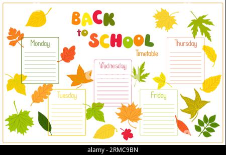 Back to School timetable blank template to fill in with subjects for kids vector illustration, weekly planner for lessons Stock Vector