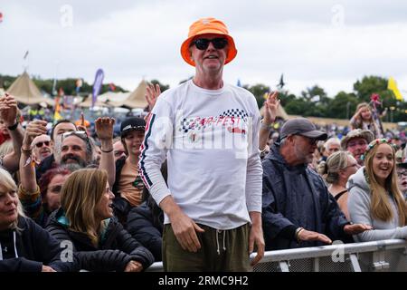 Chris Evans (TV presenter and radio dj) stands at the front of the crowd at his Carfest Festival 2023 in Laverstoke Park Farm, Hampshire. England, UK. Stock Photo