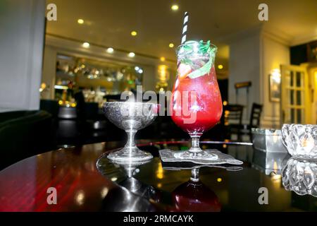 Virgin Bloody Mary glass, bar interior background Stock Photo