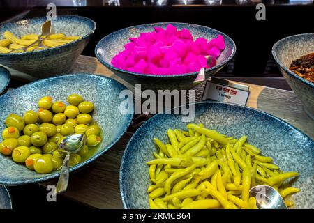Jordanian Breakfast buffet salty vegetables - turnip, olives in Sheraton Amman hotel Stock Photo