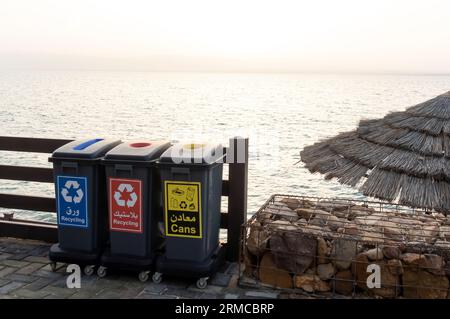 Large color-marked separate waste disposal stations. Waste management Dead Sea Jordan Stock Photo
