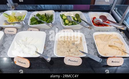 Jordanian foods- Arabic dressings in breakfast buffet - labaneh, Mutabal, Hummus Stock Photo