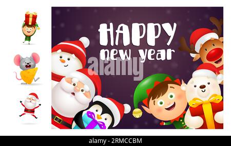 Happy New Year banner with smiling cartoon characters Stock Vector