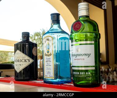 Empty bottles of various gins on the bar desk used for decoration Stock Photo