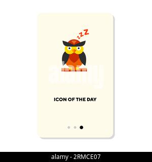 Owl character sleeping on branch with open eyes flat icon Stock Vector