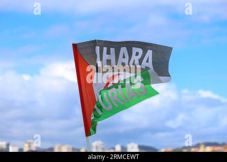 Gijon, Spain. 27th Aug, 2023. The Sahara flag during the Demonstration for Peace and Justice for the Saharawi People in Gijon, Spain, on August 27, 2023. (Photo by Alberto Brevers/Pacific Press) Credit: Pacific Press Media Production Corp./Alamy Live News Stock Photo