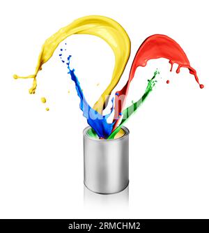 Paint of different colors splashing from can on white background Stock Photo