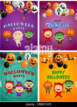 Halloween party violet, blue banner set with monsters, balloons Stock Vector