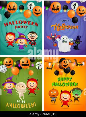 Halloween party green, orange banner set with monsters, balloons Stock Vector