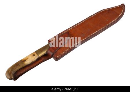 Vintage Hunting Knife With Leather Holster Isolated On White Background 