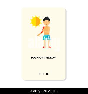 Man getting sunburn in hot weather on beach flat icon Stock Vector