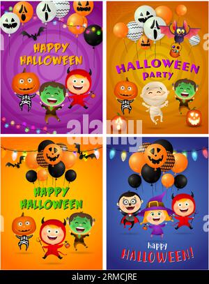 Halloween party orange banner set with balloons, monsters Stock Vector