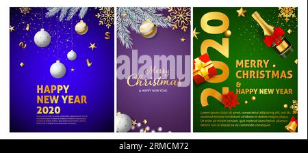 Christmas and New Year posters set with confetti and Champagne Stock Vector