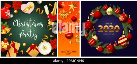 Christmas party green, orange, blue banner set with wreath, gift Stock Vector