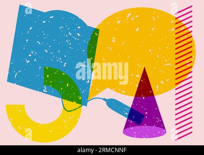 Graduation cap with Speech Bubble and colorful geometric shapes. Education concept in trendy riso graph design. Geometry elements abstract risograph p Stock Vector