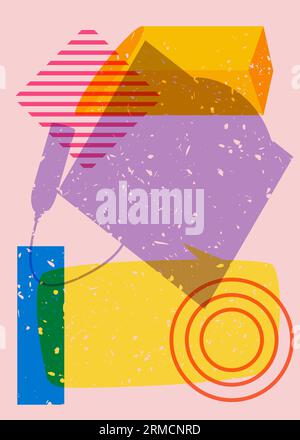 Graduation cap with Speech Bubble and colorful geometric shapes. Education concept in trendy riso graph design. Geometry elements abstract risograph p Stock Vector