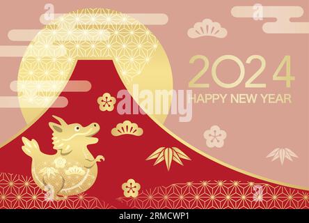 2024, Year Of The Dragon, New Year Greeting Card Vector Template With Mt. Fuji, Rising Sun, And A Dragon Mascot Decorated With Vintage Japanese Patter Stock Vector