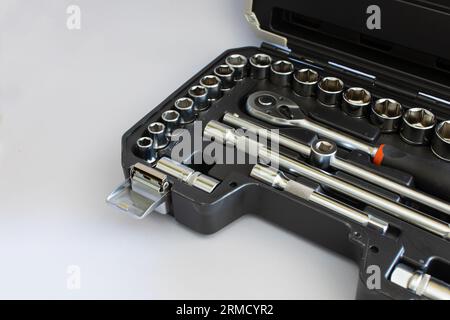 set of wrenches in toolbox white background Stock Photo